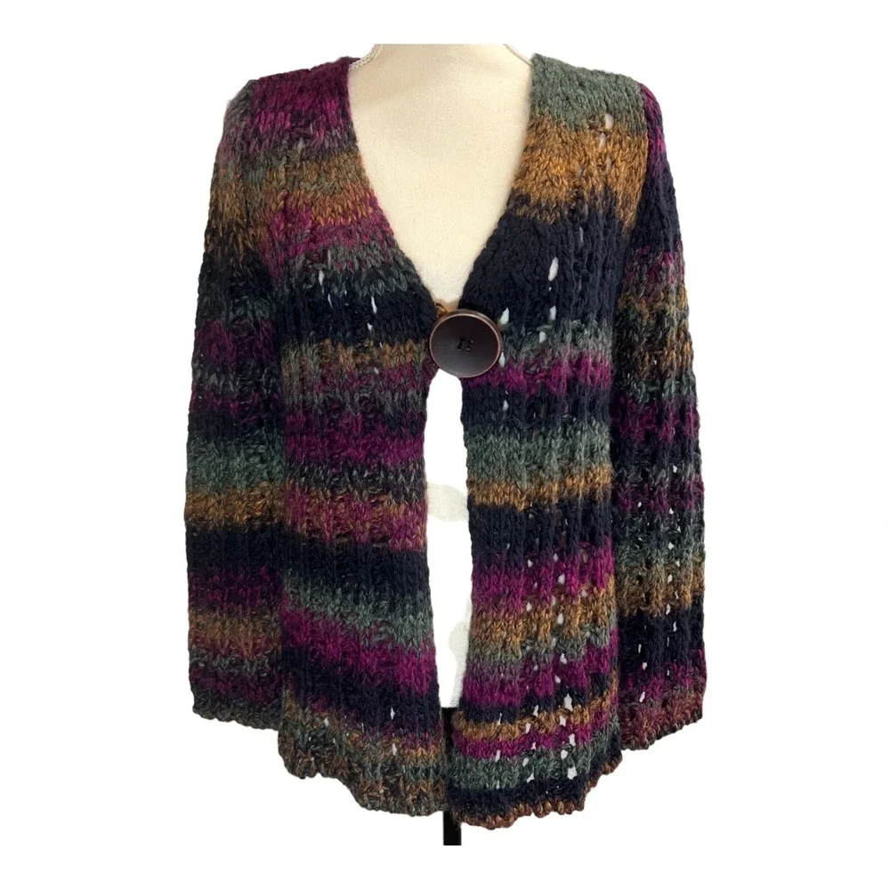 Angel by Sabri Ozel Sweater XS Dark Rainbow Ombre Stripe Wool Blend Open Knit